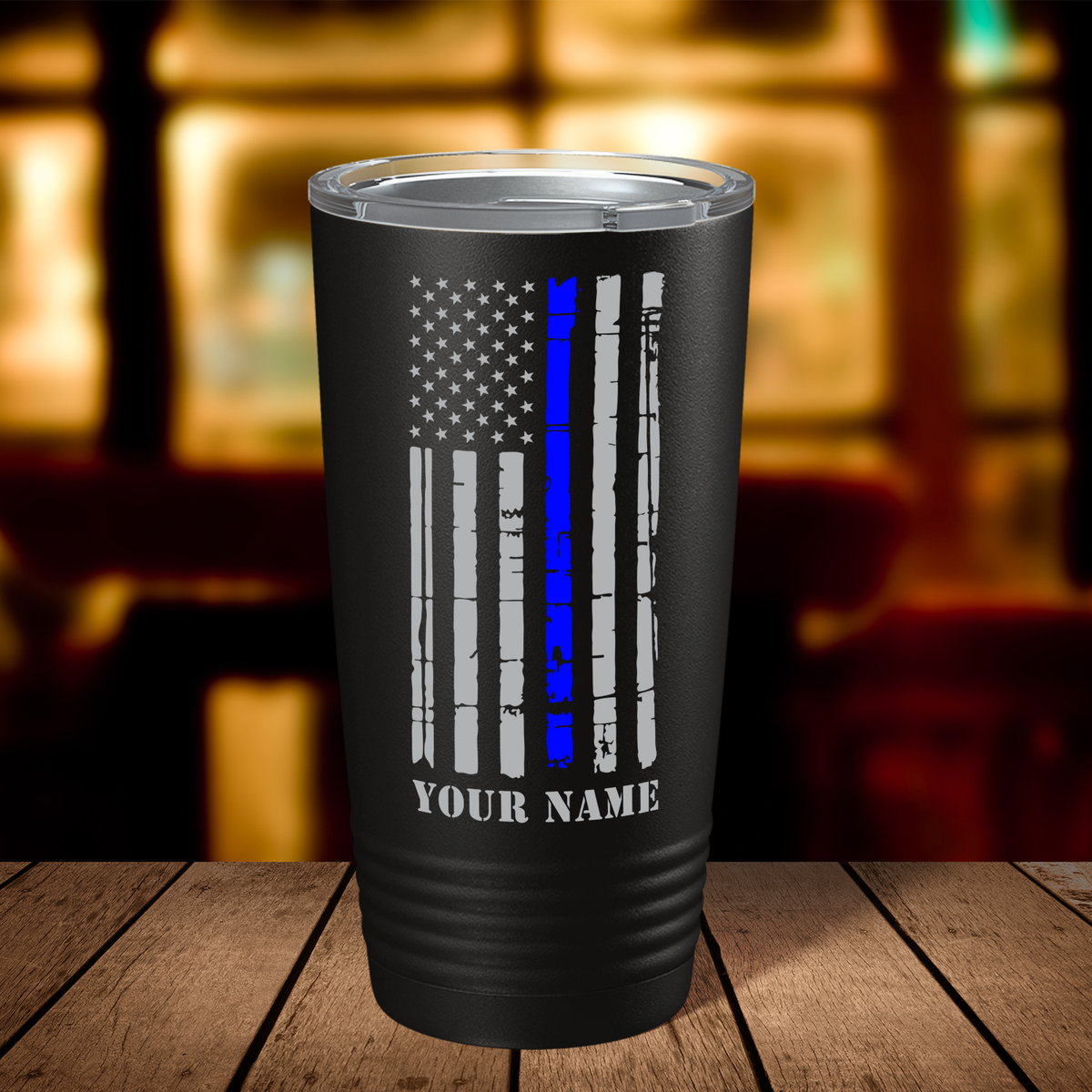 Personalized Distressed Blue Line Flag 20oz Black Police Tumbler