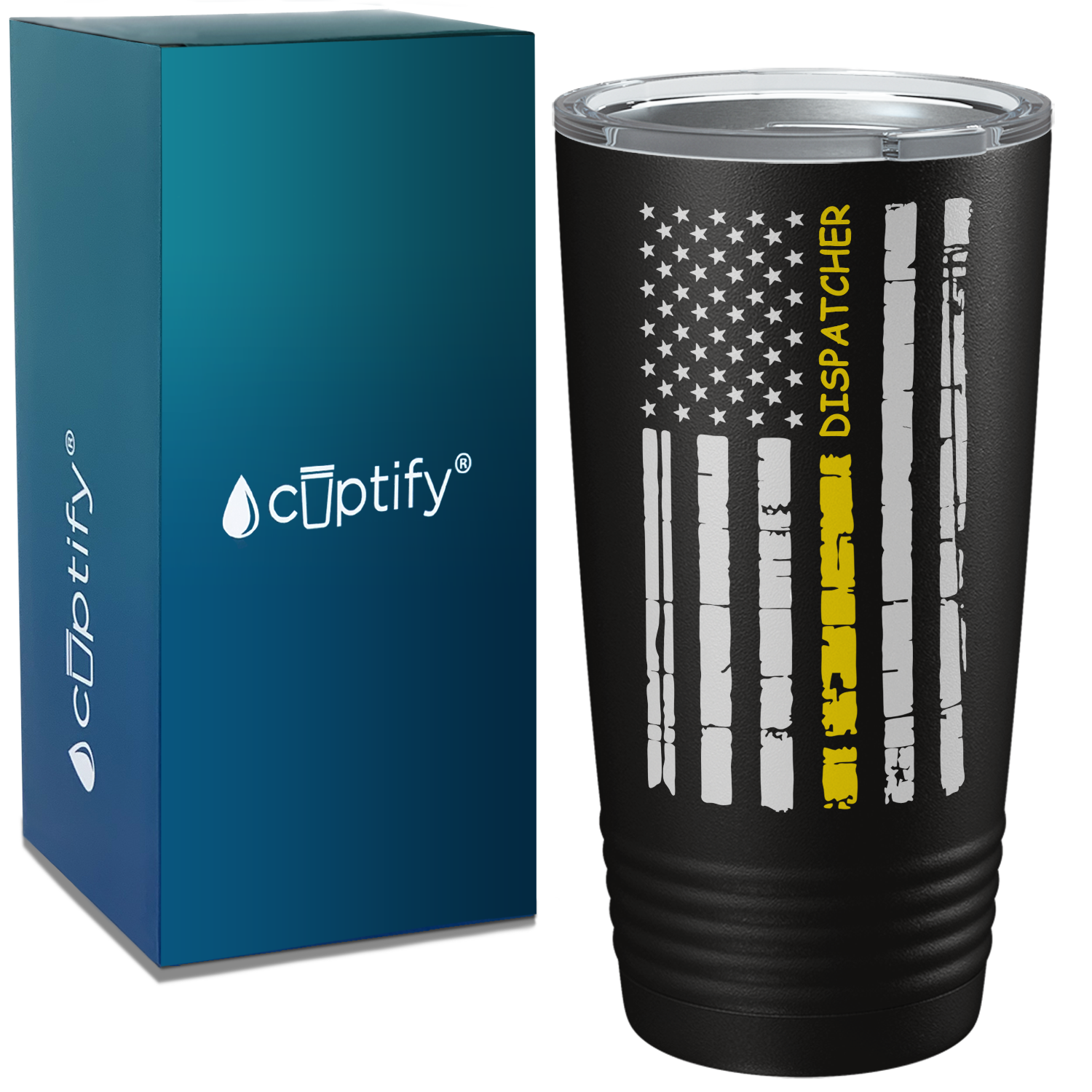 Distressed Dispatcher Thin Gold Line Flag 20oz Black Tumbler