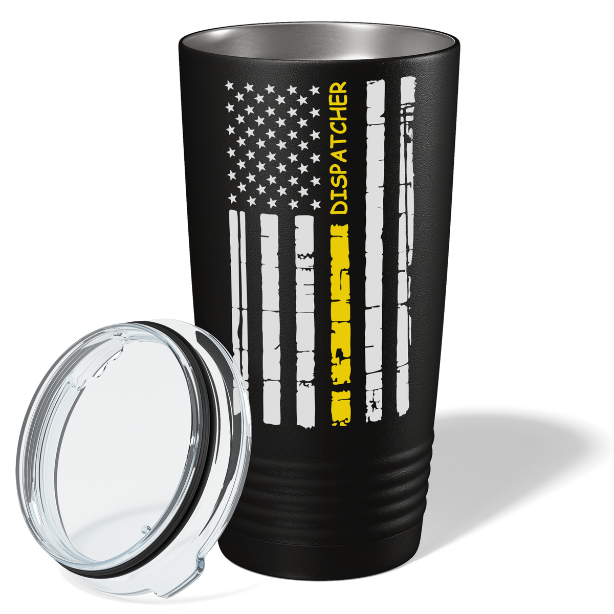 Distressed Dispatcher Thin Gold Line Flag 20oz Black Tumbler