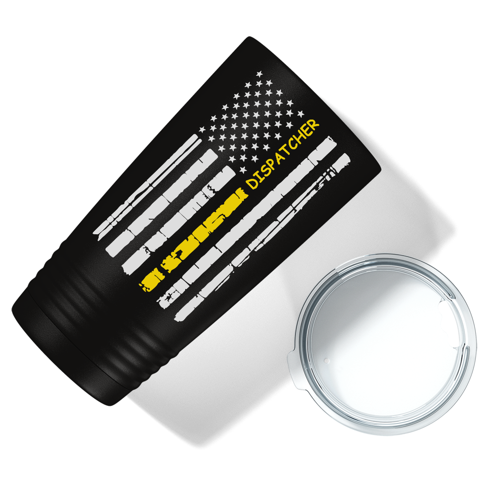 Distressed Dispatcher Thin Gold Line Flag 20oz Black Tumbler