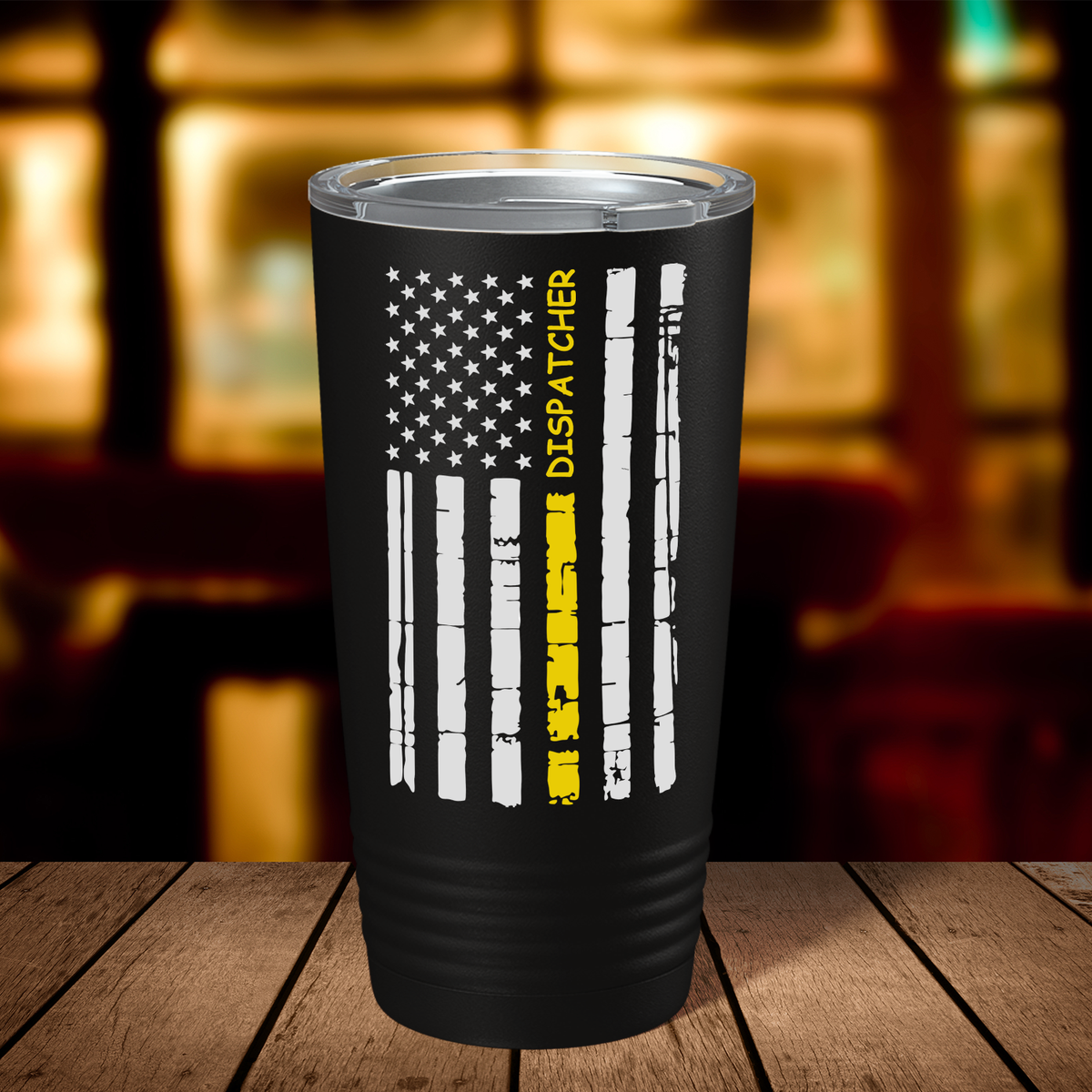 Distressed Dispatcher Thin Gold Line Flag 20oz Black Tumbler
