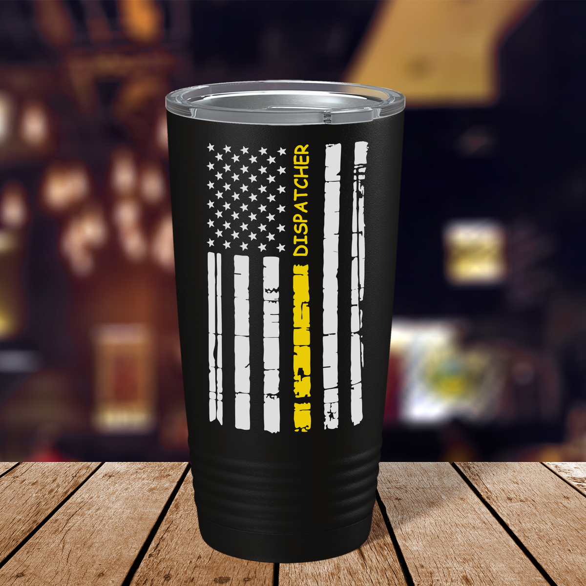Distressed Dispatcher Thin Gold Line Flag 20oz Black Tumbler