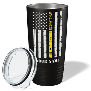 Personalized Distressed Dispatcher Thin Gold Line Flag 20oz Black Tumbler