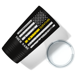 Personalized Distressed Dispatcher Thin Gold Line Flag 20oz Black Tumbler