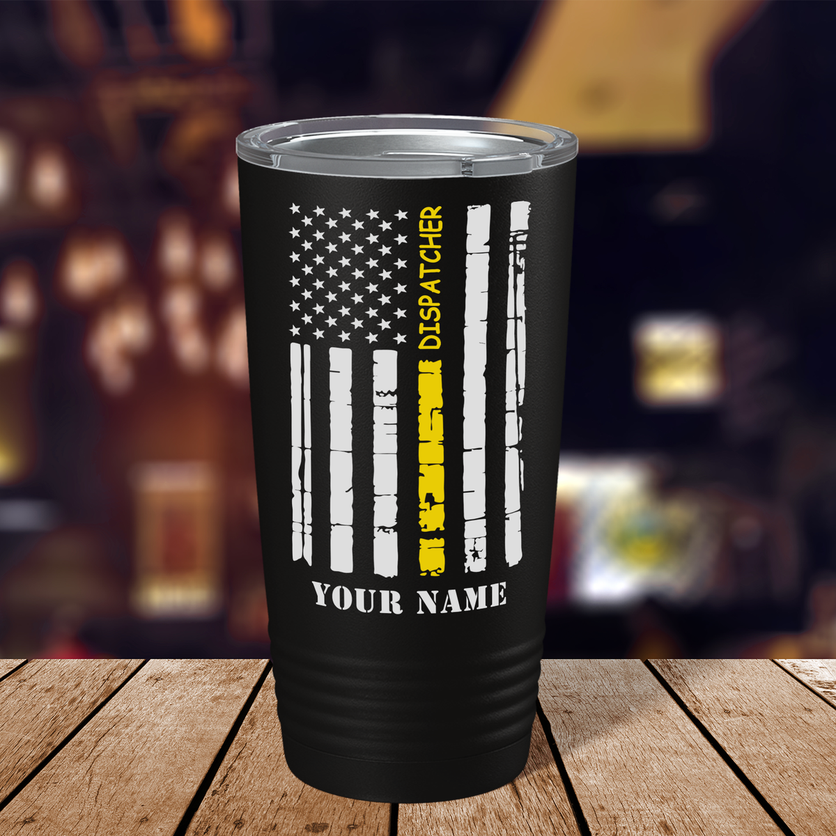 Personalized Distressed Dispatcher Thin Gold Line Flag 20oz Black Tumbler