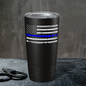 Distressed Thin Blue Line Flag Police 20oz Black Tumbler