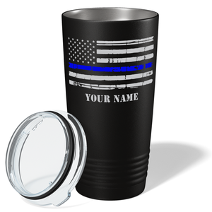 Personalized Distressed Thin Blue Line Flag Police 20oz Black Tumbler