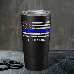 Personalized Distressed Thin Blue Line Flag Police 20oz Black Tumbler