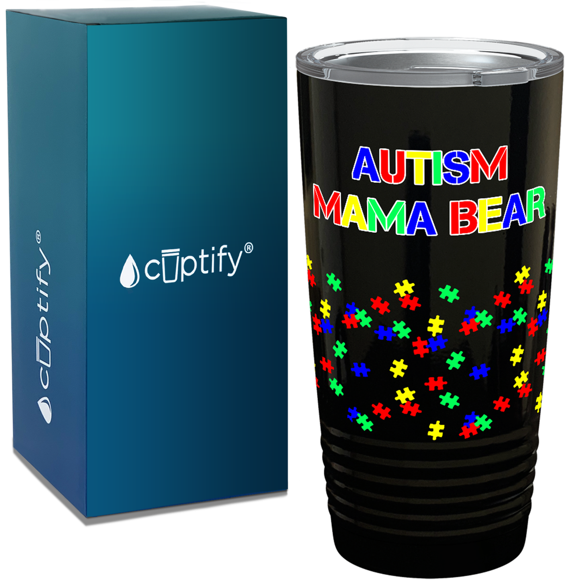 Autism Mama Bear on Black Gloss Autism 20oz Tumbler