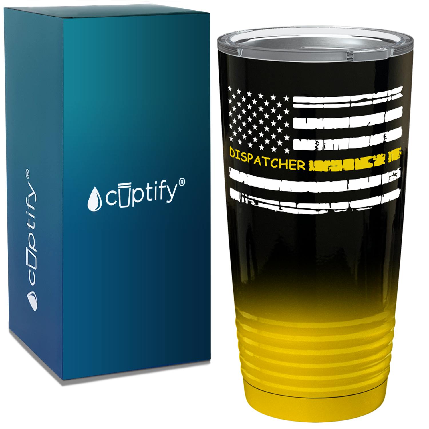 Distressed Thin Gold Line Flag Dispatcher White on Black Gold Ombre 20oz Tumbler