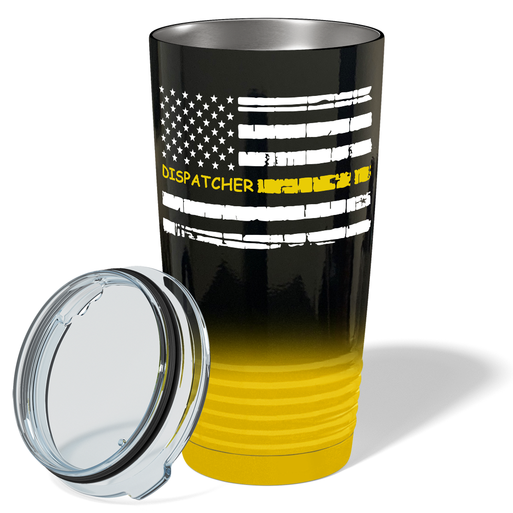 Distressed Thin Gold Line Flag Dispatcher White on Black Gold Ombre 20oz Tumbler