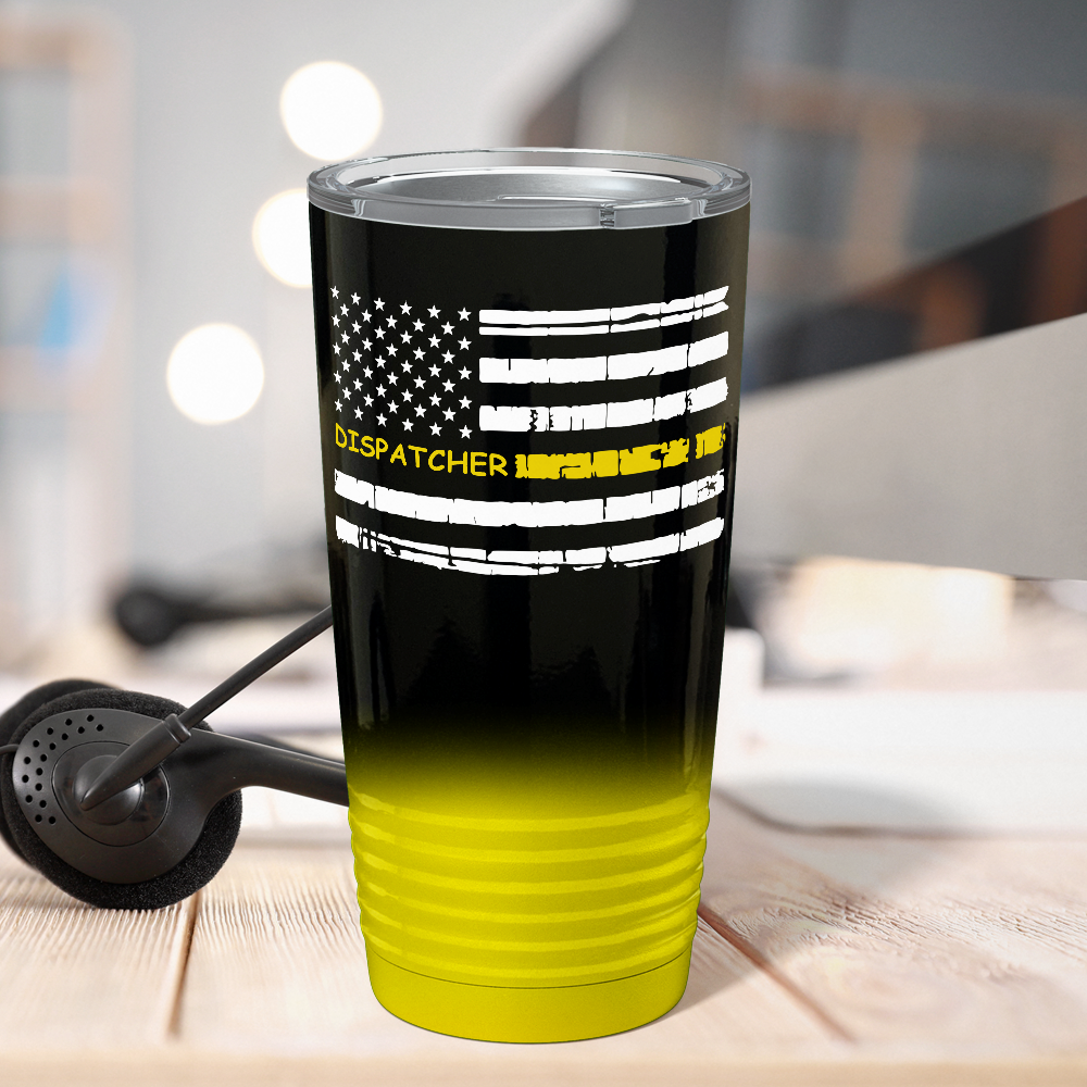 Distressed Thin Gold Line Flag Dispatcher White on Black Gold Ombre 20oz Tumbler