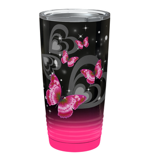 Pink Butterflies on Hearts Watercolors on Black Pink Ombre 20 oz Tumbler