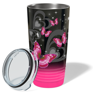 Pink Butterflies on Hearts Watercolors on Black Pink Ombre 20 oz Tumbler