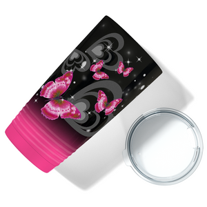 Pink Butterflies on Hearts Watercolors on Black Pink Ombre 20 oz Tumbler