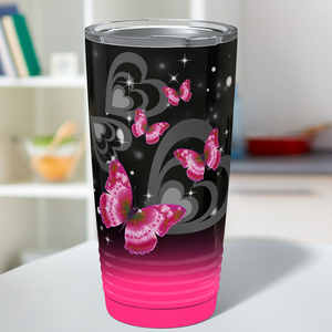Pink Butterflies on Hearts Watercolors on Black Pink Ombre 20 oz Tumbler