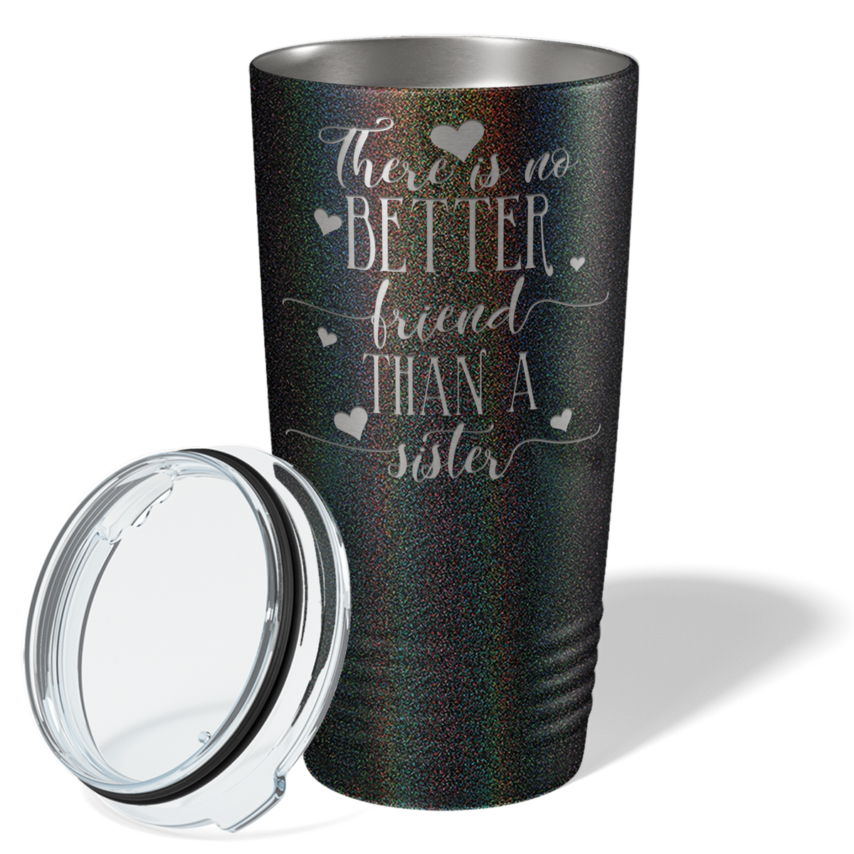 There is no Better Friend than a Sister on Black Glitter 20 oz Stainless Steel Ringneck Tumbler