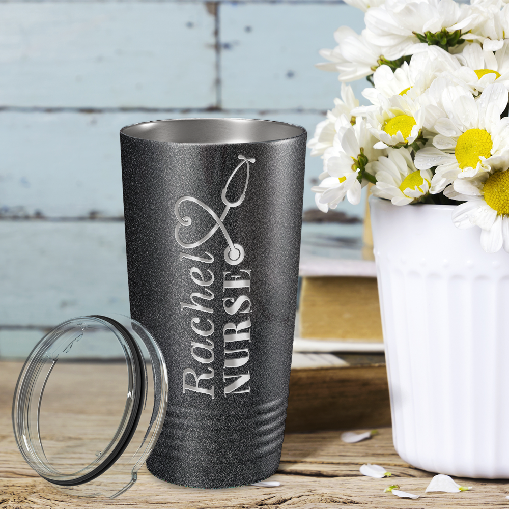 Personalized Nurse Laser Engraved 20oz Tumbler - Black Glitter