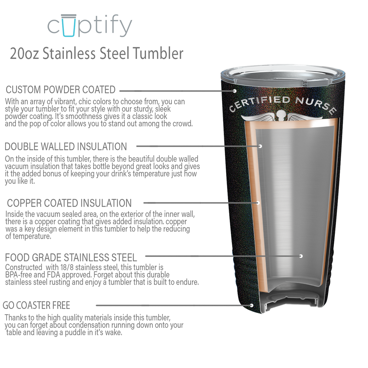 Personalized Nurse Laser Engraved 20oz Tumbler - Black Rainbow Glitter