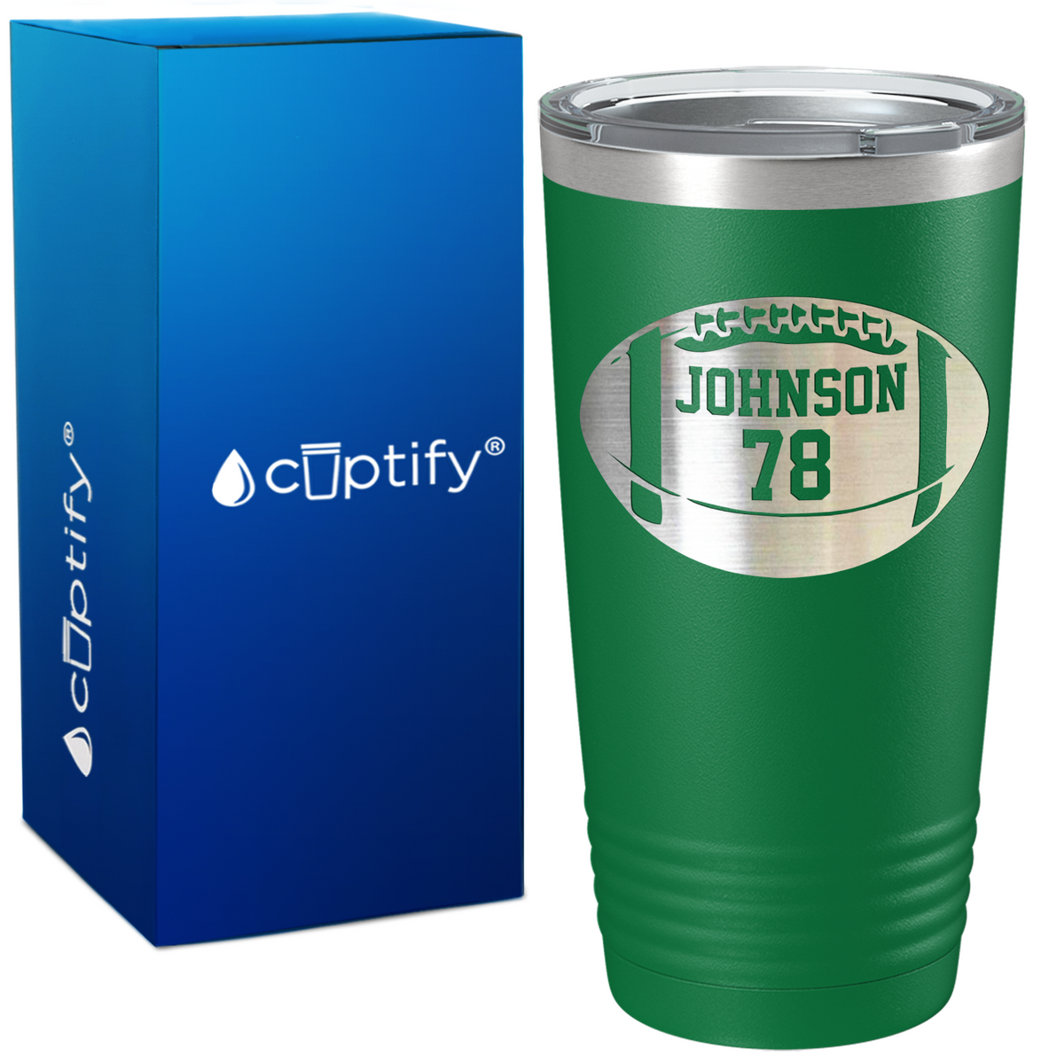 Personalized Monogrammed Name and Number Football on 20oz Tumbler