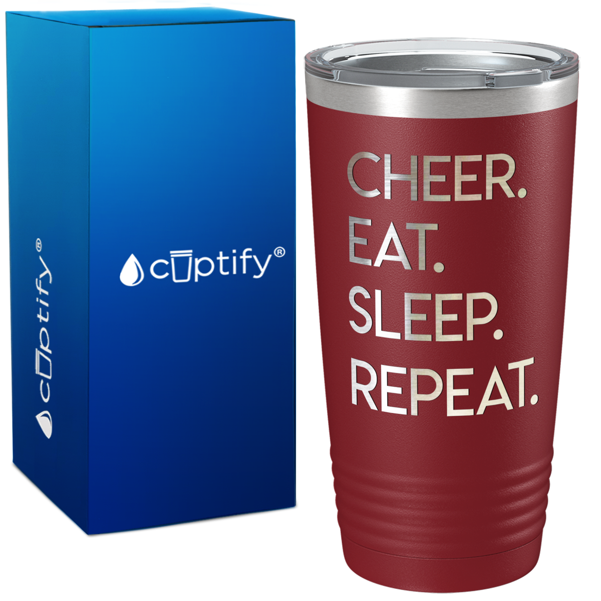 Eat Sleep Cheer Repeat on 20oz Tumbler