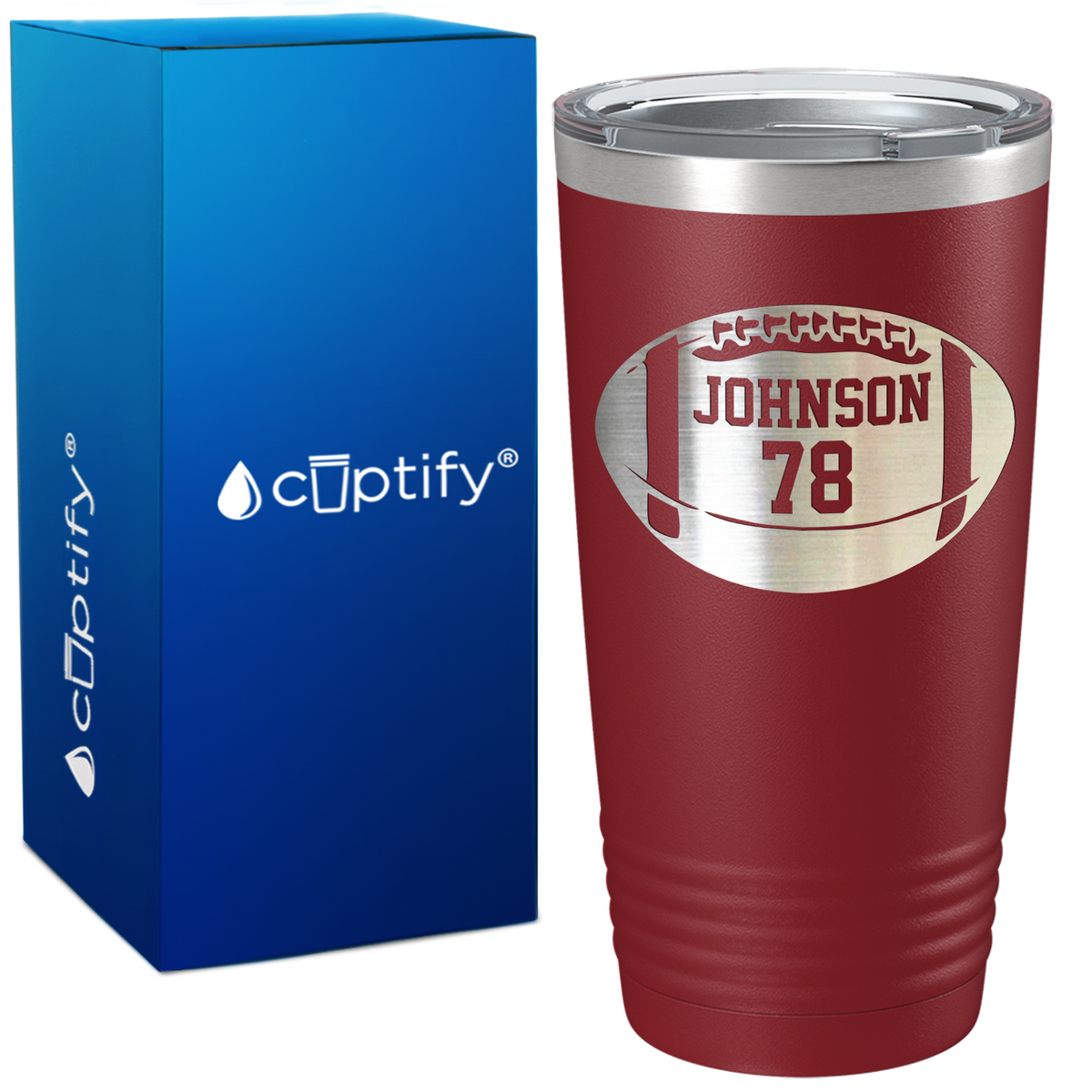 Personalized Monogrammed Name and Number Football on 20oz Tumbler