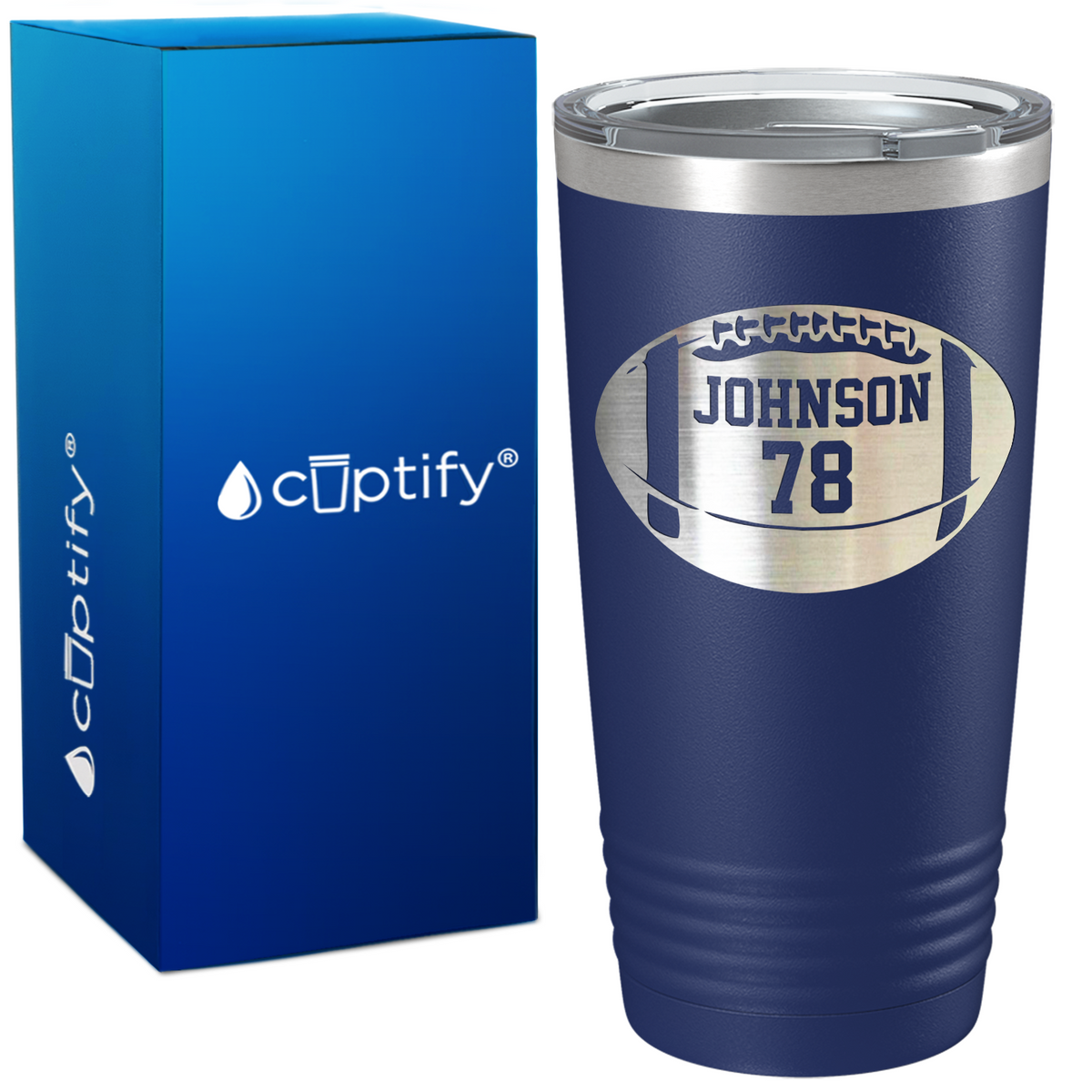 Personalized Monogrammed Name and Number Football on 20oz Tumbler
