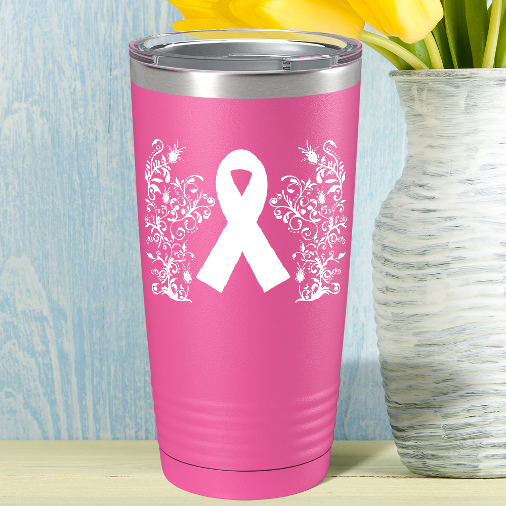 Floral Breast Cancer Awareness Ribbon on Pink 20oz Tumbler