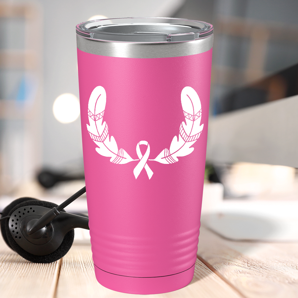 Feather and Cancer Ribbon on Pink 20oz Tumbler