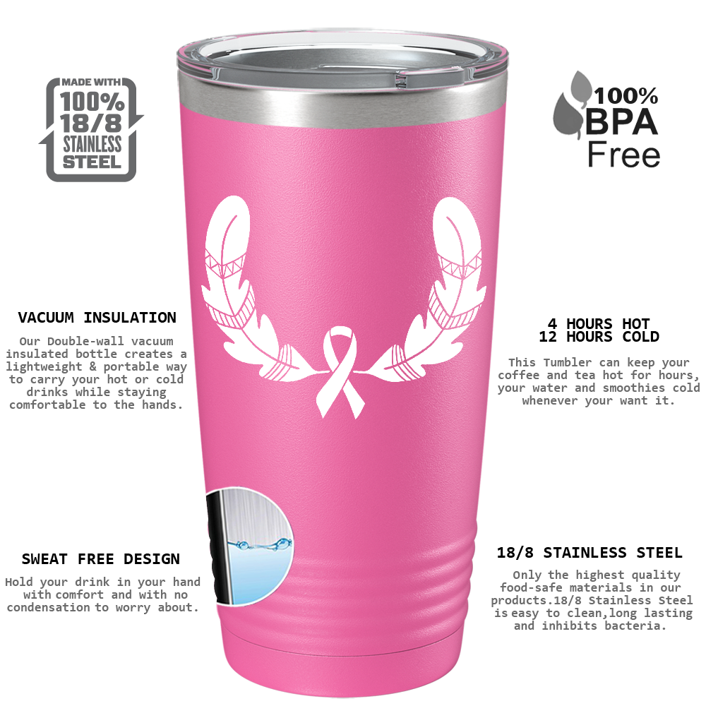 Feather and Cancer Ribbon on Pink 20oz Tumbler