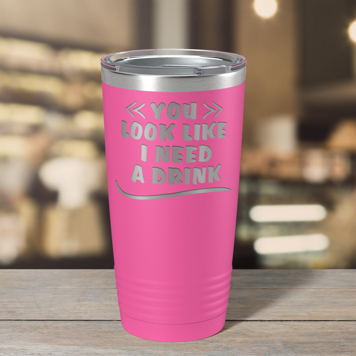 You Look Like I Need Drink on Pink 20 oz Stainless Steel Ringneck Tumbler