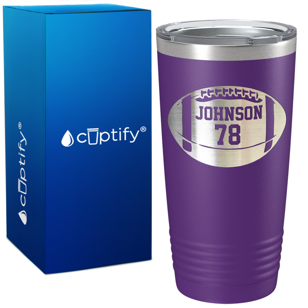 Personalized Monogrammed Name and Number Football on 20oz Tumbler
