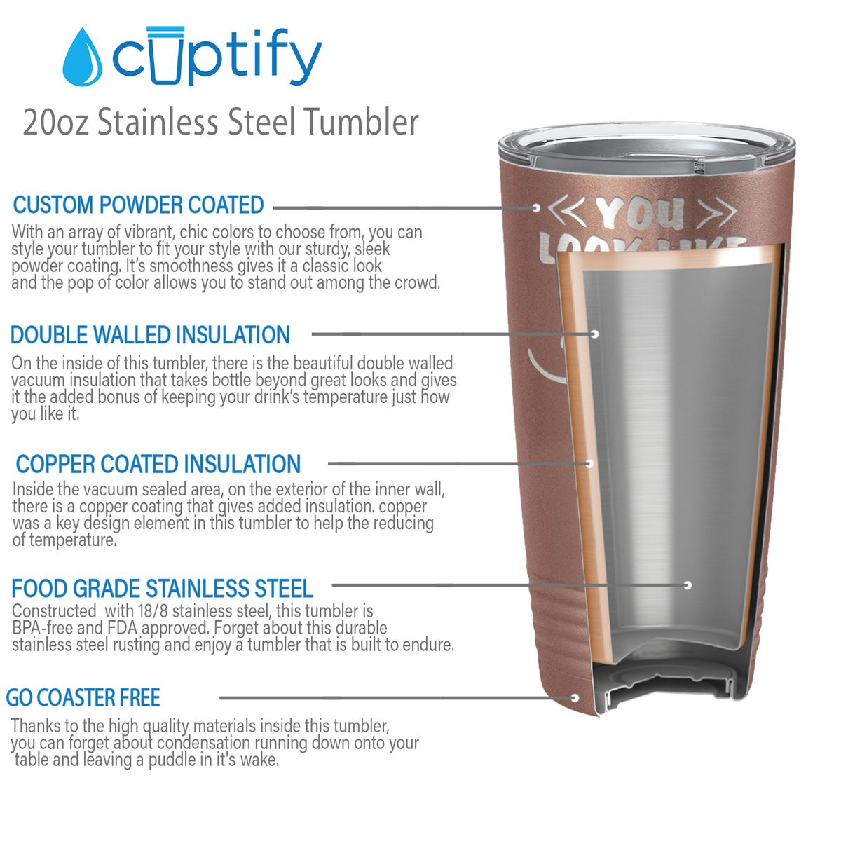 You Look Like I Need Drink on Rose Gold 20 oz Stainless Steel Ringneck Tumbler