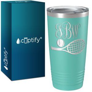 Personalized Monogrammed Tennis Ball and Racket Laser Engraved on Stainless Steel Tennis Tumbler