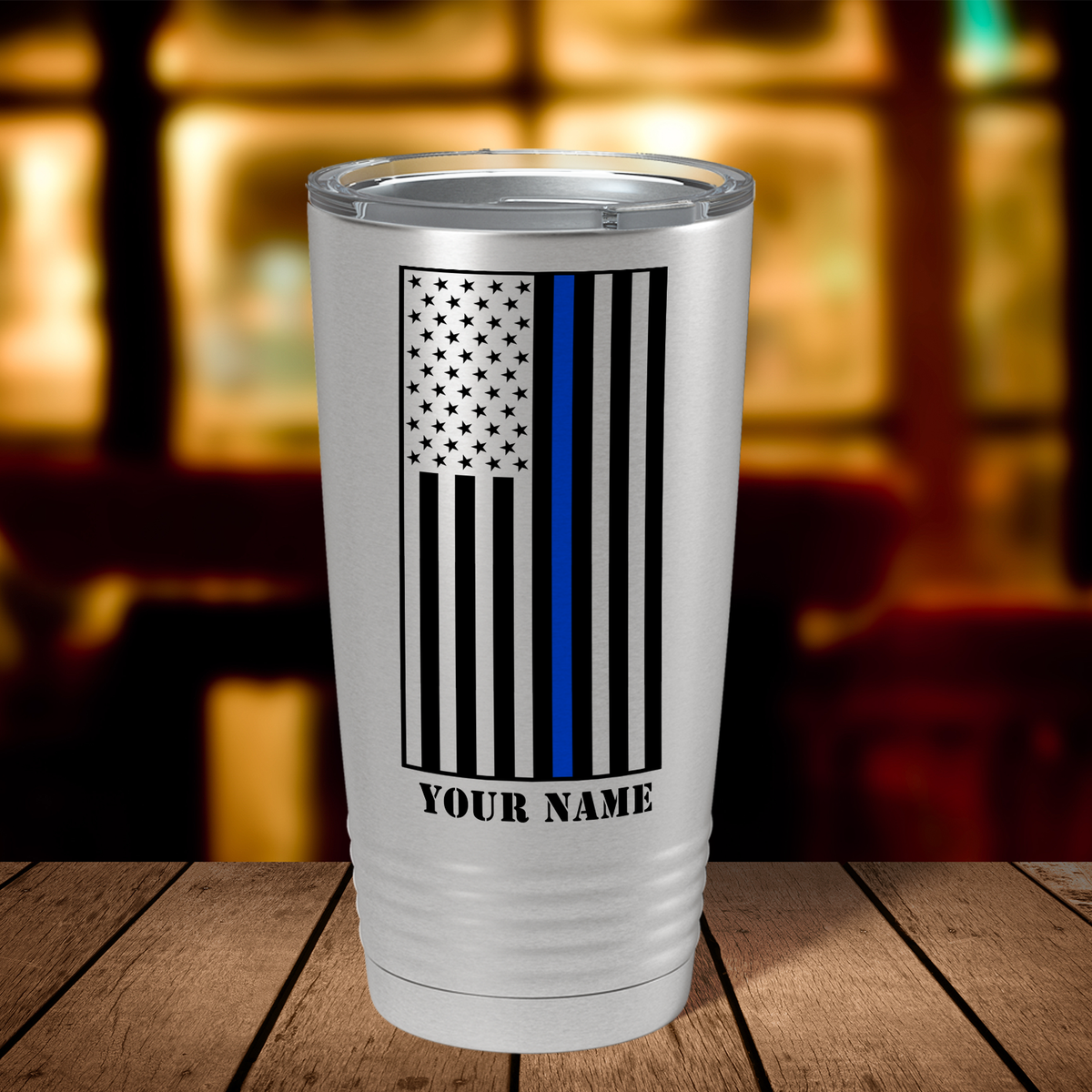 Personalized Black Thin Blue Line Flag 20oz Stainless Tumbler