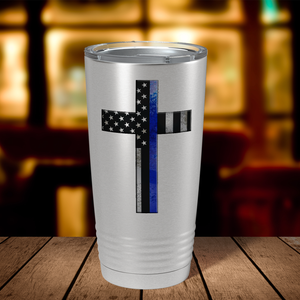 Retro Thin Blue Line Cross Long Police 20oz Stainless Tumbler