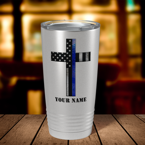 Personalized Retro Thin Blue Line Cross Long Police 20oz Stainless Tumbler