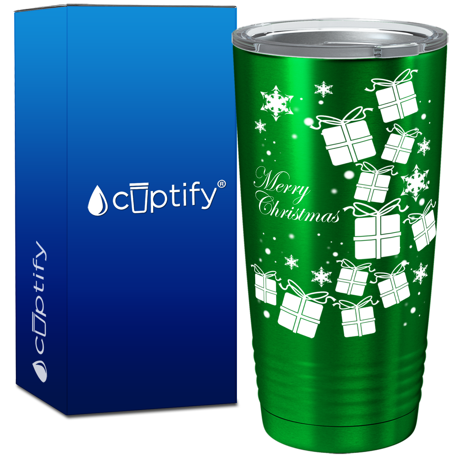 Merry Christmas White Presents on Green Translucent Holiday 20oz Tumbler