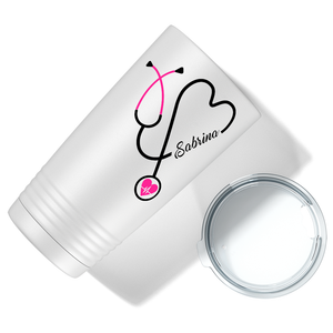 Personalized Pink Stethoscope Nurse Heart White 20oz Tumbler