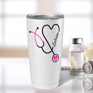 Personalized Pink Stethoscope Nurse Heart White 20oz Tumbler