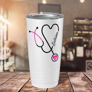 Personalized Pink Stethoscope Nurse Heart White 20oz Tumbler