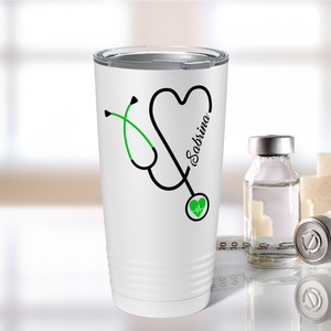 Personalized Green Stethoscope Nurse Heart White 20oz Tumbler