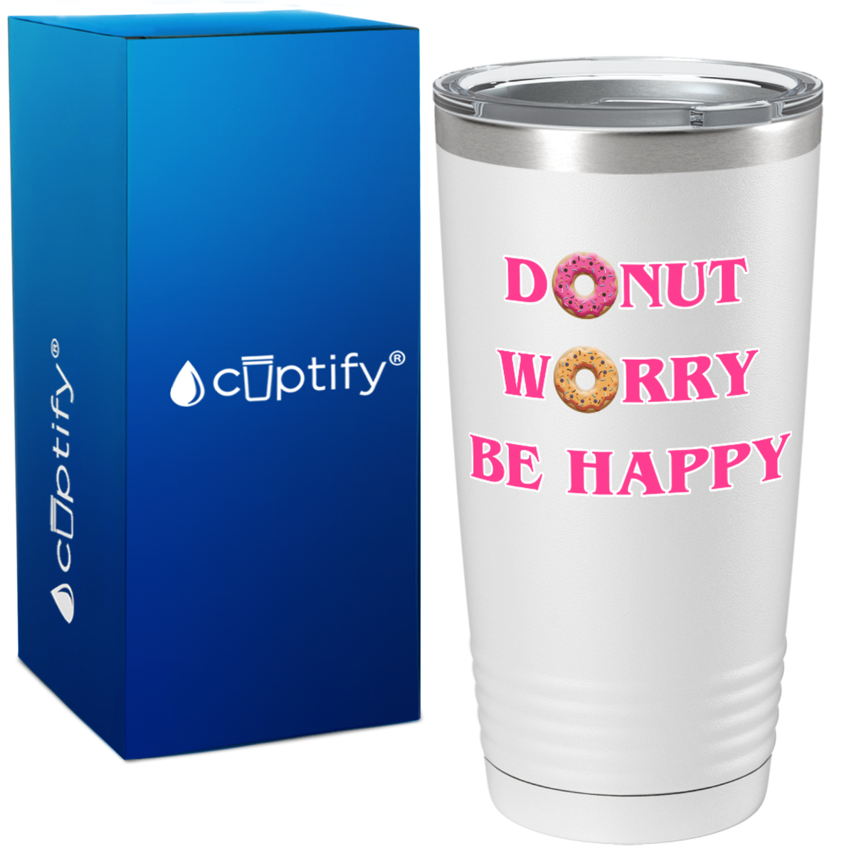 Donut Worry Be Happy on White Donut 20oz Tumbler