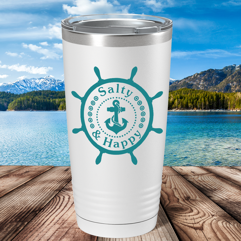 Salty & Happy Cruise Boat on White 20 oz Stainless Steel Tumbler