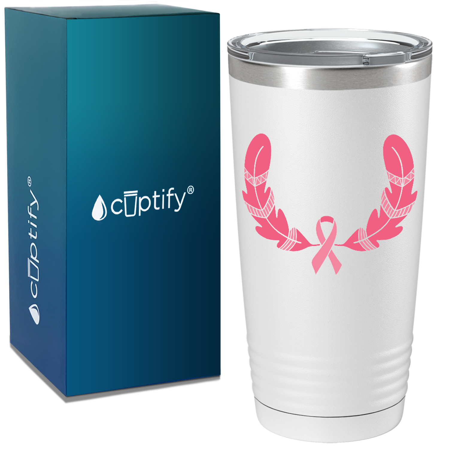 Feather and Cancer Ribbon on White 20oz Tumbler