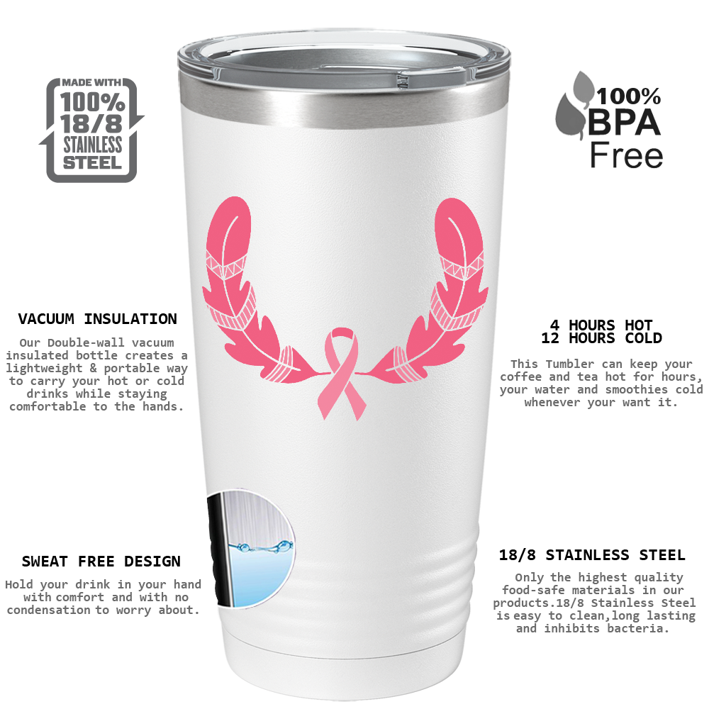Feather and Cancer Ribbon on White 20oz Tumbler