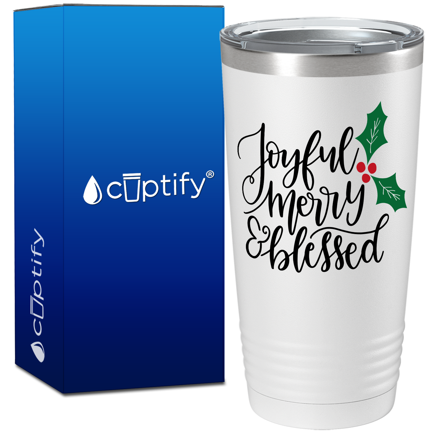 Joyful Merry Blessed Christmas Mistletoe on White Holiday 20oz Tumbler