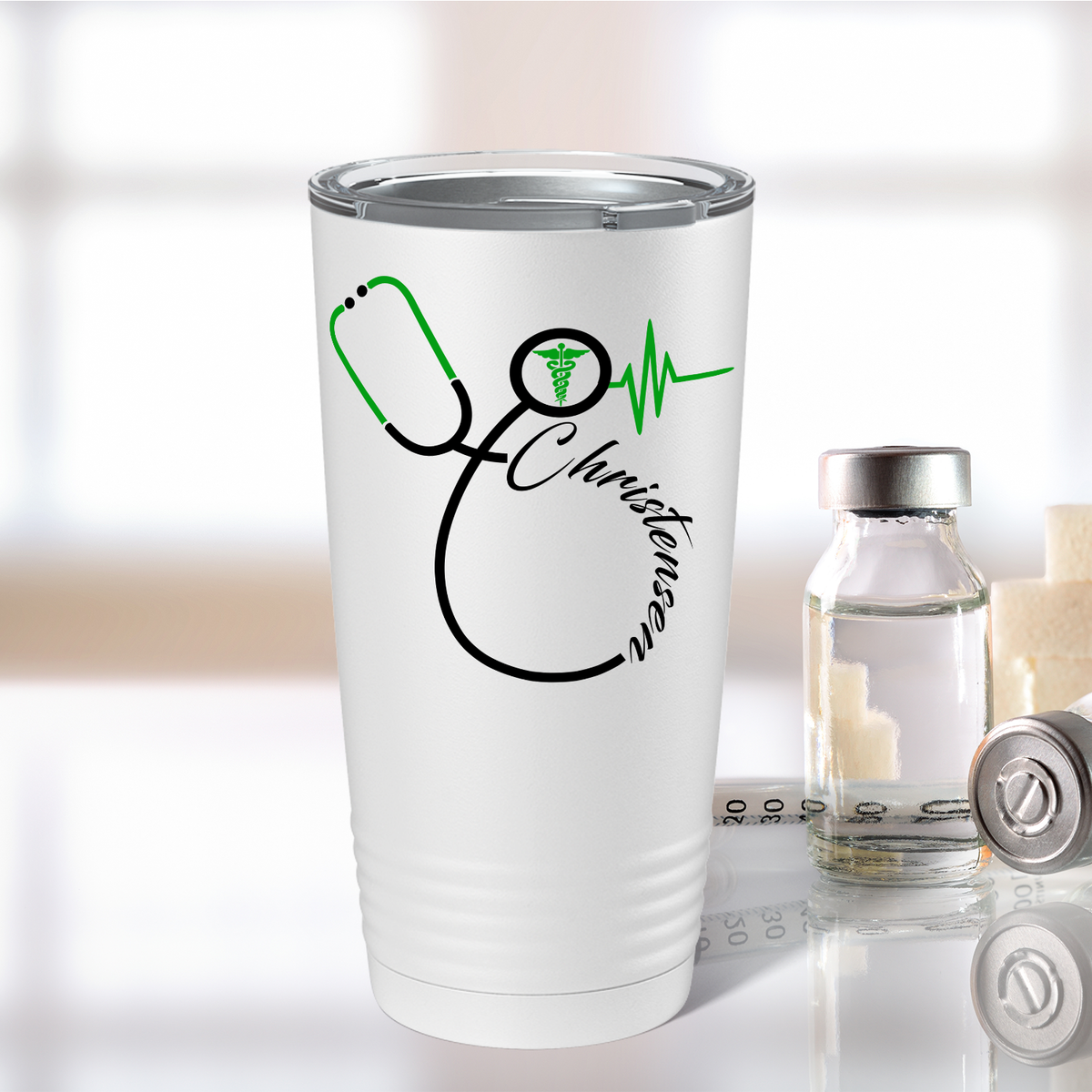 Doctors Stethoscope Green Caduceus on White 20oz Tumbler
