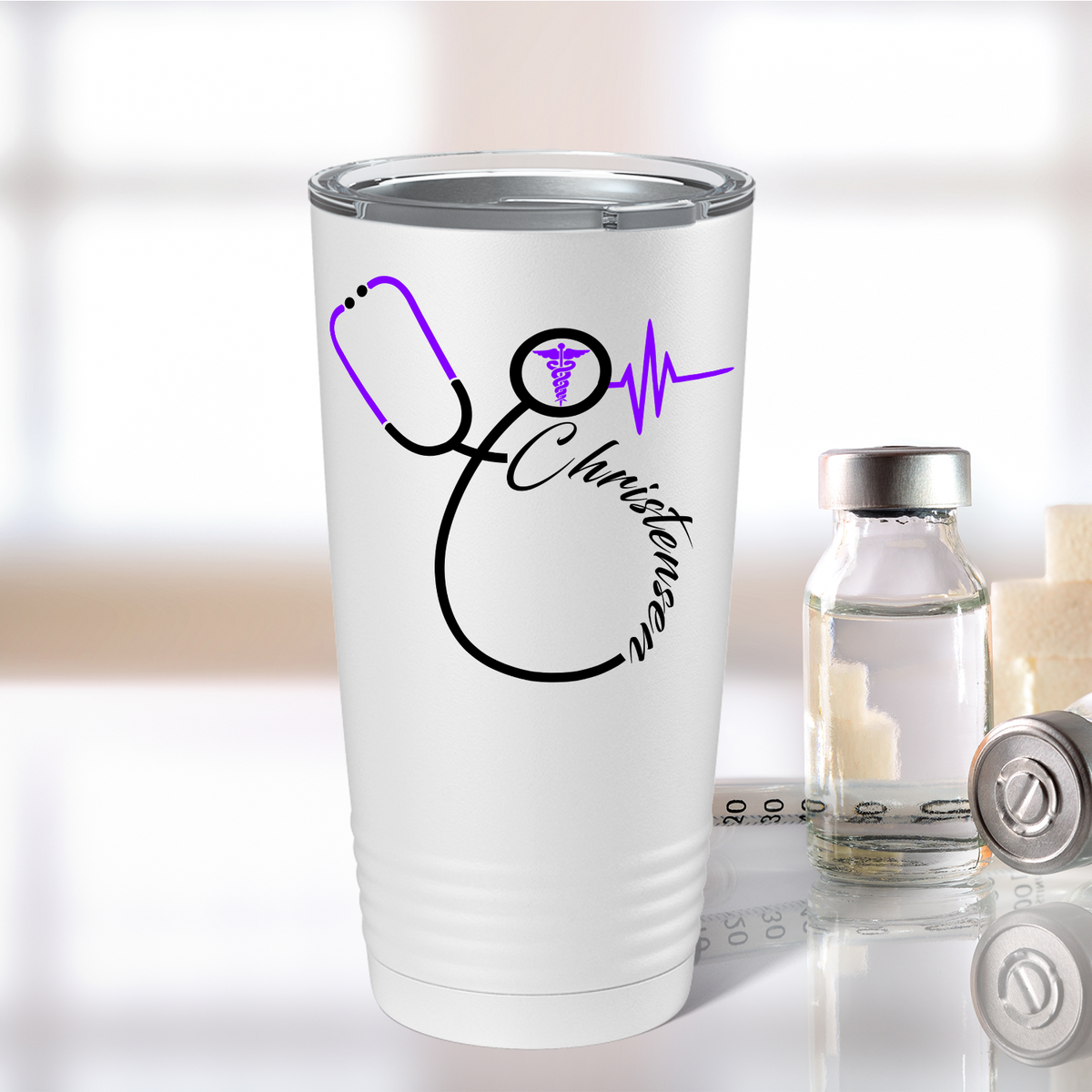 Doctors Stethoscope Purple Caduceus on White 20oz Tumbler