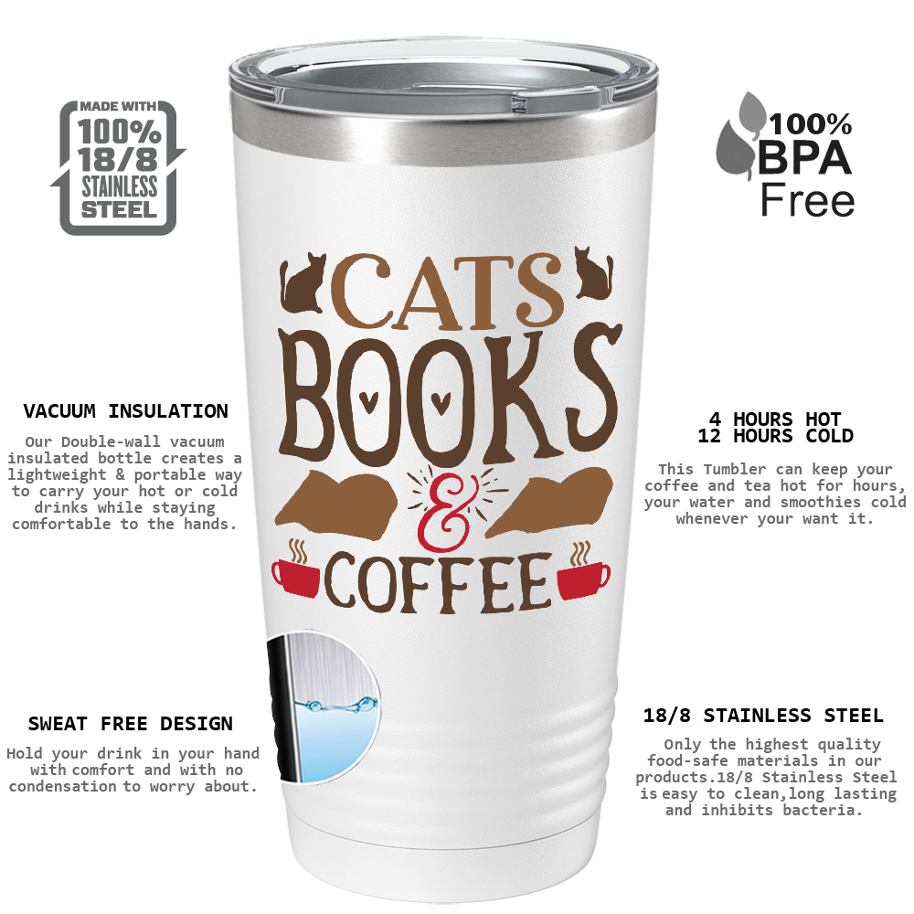 Cats Books & Coffee on White 20oz Tumbler